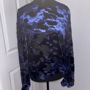 & Other Stories Womens 2 Velvet Leopard Balloon Sleeve Keyhole Back Blue Top